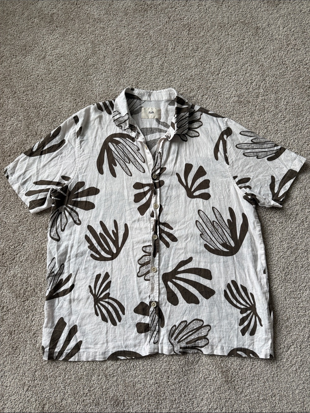 Folk Henno Camp Button Down Short Sleeve Printed Cream Brown Linen Blend Shirt